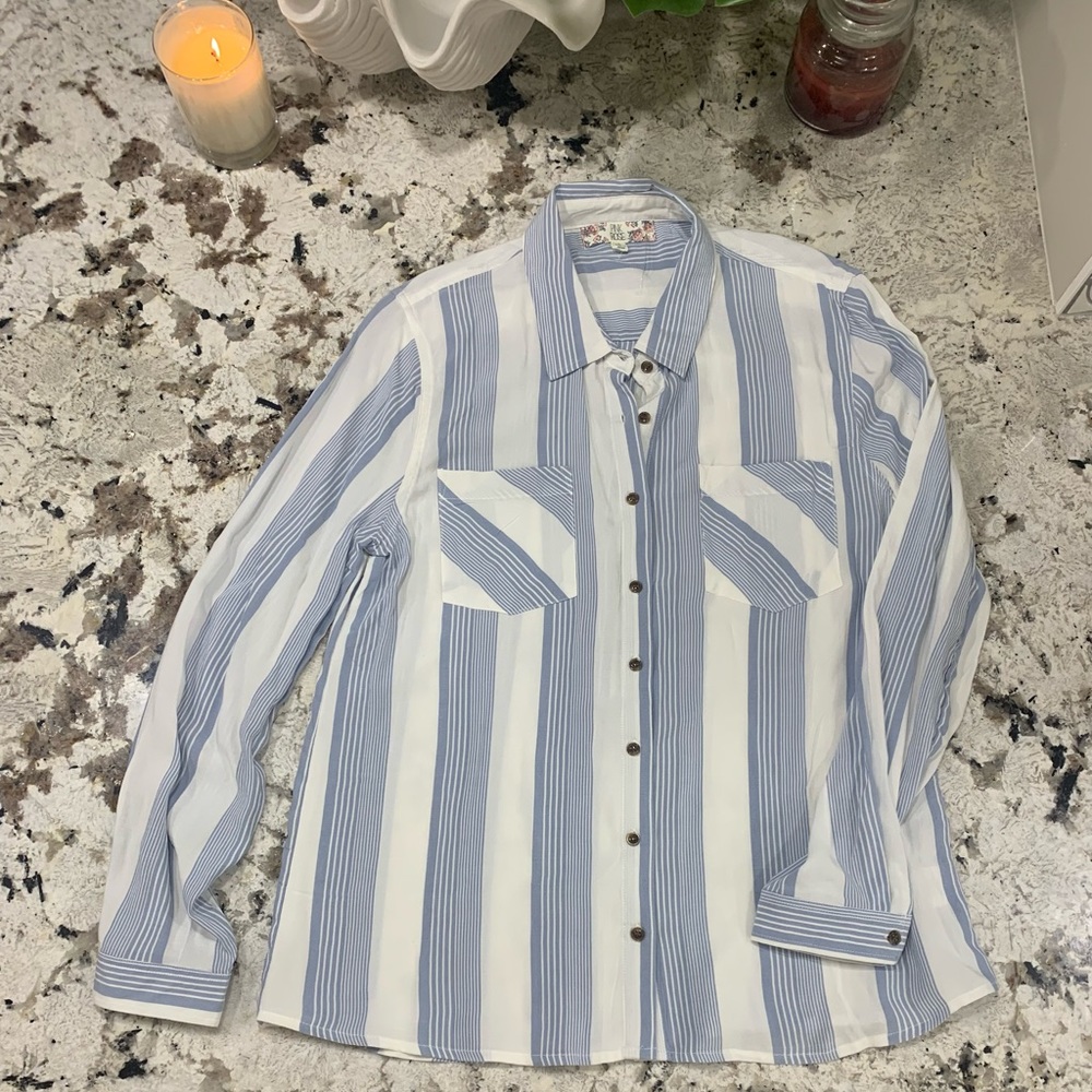 Pink Rose Long Sleeve Blouse White with Blue Stripes Size Large NEW